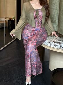 Vibekara Fitted Mesh Short Jacket & Printed Dress Set Fall - Brown - View 6