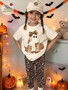 (1 Set) Halloween Girls Toddler Simple Plaid Patchwork Ghost Leopard Print Bow Pumpkin Lantern Pattern Basic Short T-Shirt And Leggings - Multicolor - View 7
