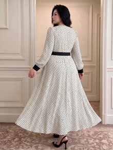 Vibekara New Elegant Fashion Minimalist Commuter Style Long Sleeve Square Neck Dress, Vacation Polka Dot Element Patchwork Contrast Color Dress With Belt Fall - Multicolor - View 2