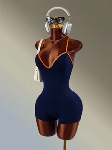Amplova Women's Blue & Orange Colorblock X-Strap Backless Sports Romper - Navy Blue - View 3