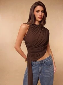 SHEIN BAE 春夏純色杏色無袖垂領抓皺優雅網紗女款上衣 - 咖啡棕 - 查看 5