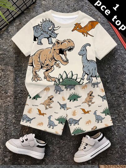 Baby Boy Casual Minimalist Top Suitable For Spring/Summer, Classic Handsome Hand-Drawn Cartoon Dinosaur Print, Suitable For Autumn/Winter