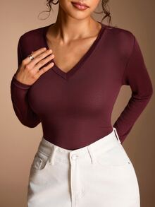 SHEIN BASICS 女款純色修身百搭日常長袖T恤 - 酒紅色 - 查看 7