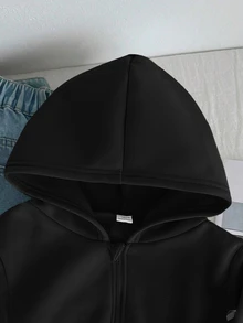 SHEIN 青少年女孩寬鬆休閒極簡舒適日常街頭風連帽修身口袋拉鍊短款長袖運動外套 白色返校穿搭 - 黑色 - 查看 4