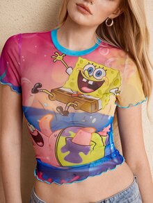 SpongeBob SquarePants | SHEIN Women's Cartoon Print Mesh Short Sleeve Top - Multicolor - View 3