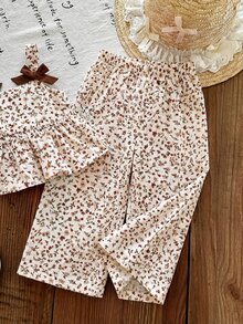 SHEIN 女童圓點編織細肩帶上衣與長褲兩件套 - 紅色 - 查看 2