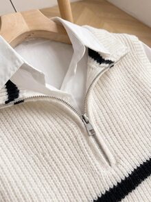 SHEIN Franclia Cream & Black Striped Half-Zip Stand Collar Knit Vest, Loose Soft Layering Slimming Commuter Old Money Style Sleeveless Tank Top, Spring/Autumn - Apricot - View 6