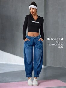 Flexra Petite Women's Pleated Design Tapered Casual Versatile Denim Long Pants - Dark Wash - View 5