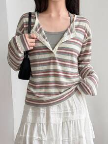 DAZY Women's Korean Style Button Half-Placket Striped Colorblock T-Shirt Fall - Burgundy - View 2