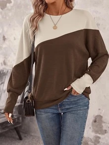 SHEIN LUNE Women's Colorblock Patchwork Batwing Sleeve Sweatshirt - Brown - View 6