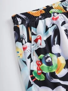 LOONEY TUNES X SHEIN Plus Size Men's Letter Cartoon Print Short Sleeve Top And Shorts Casual Daily Home Pajama Set - White - View 6