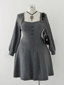 Sunspun Plus Size Casual Heart Button Heart Pattern Knit A-Line Sweater Dress - Grey - View 5