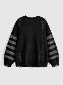ROMWE Goth Dark Street Style Plus Size Women's Sweater With Heart Pattern And Distressed Design, Loose Round Neck Knit Top For Autumn/Winter - Multicolor - View 2
