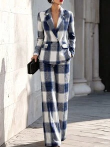 SHEIN 女款格紋長袖夾克與長褲休閒通勤套裝 - 彩色 - 查看 4