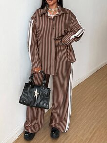 Maweii 女款2件套秋冬條紋休閒寬鬆印花上衣與大尺碼長褲 - 棕色 - 查看 6
