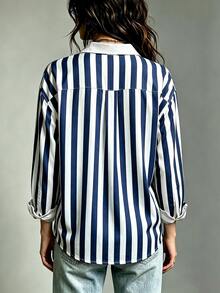 Trelyra 大尺碼女款條紋長袖單排扣休閒襯衫 - 彩色 - 查看 2
