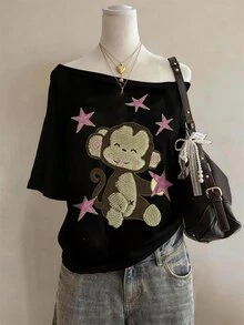 SHEIN 猴子印花時尚簡約女款大圓領短袖落肩T恤，送給朋友的禮物 - 黑色 - 查看 4