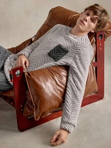 EverLounge Men's Autumn/Winter Fashion Minimalist Comfortable Double-Sided Fleece Jacquard Fabric Light Gray Contrast Color Patch Pocket Decor Loungewear Top - Light Grey - View 7