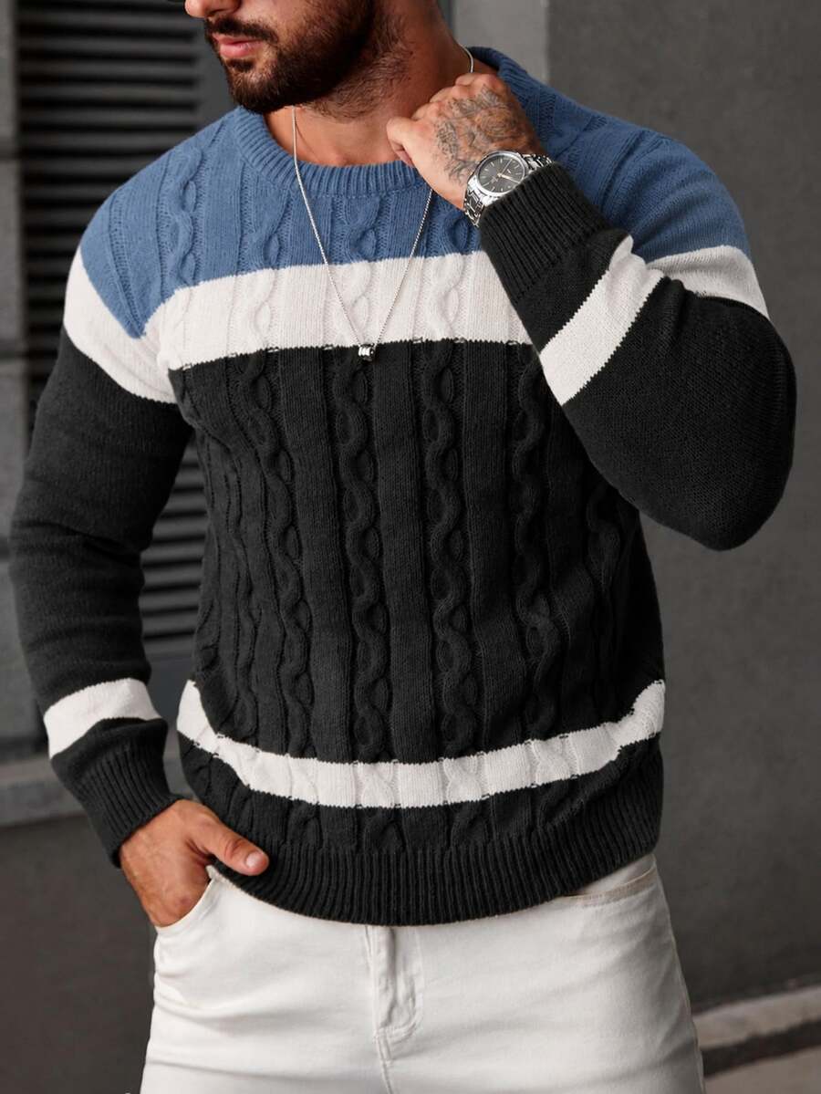 Manfinity Mode Men's Casual Colorblock Patchwork Sweater, Autumn/Winter - Grey - View 1