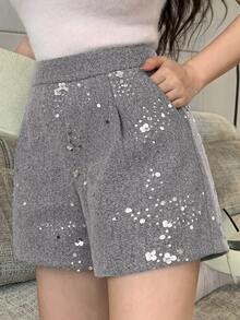 DAZY Women's Elegant Ruched Casual Shorts With Sequin Decor Vacation - Light Grey - View 2