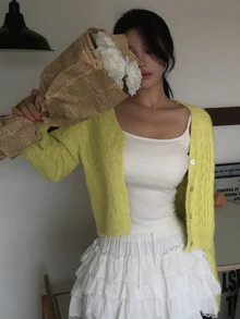 DAZY 女款純色寬鬆短版V領長袖休閒度假春秋針織開襟衫 - 綠色 - 查看 6