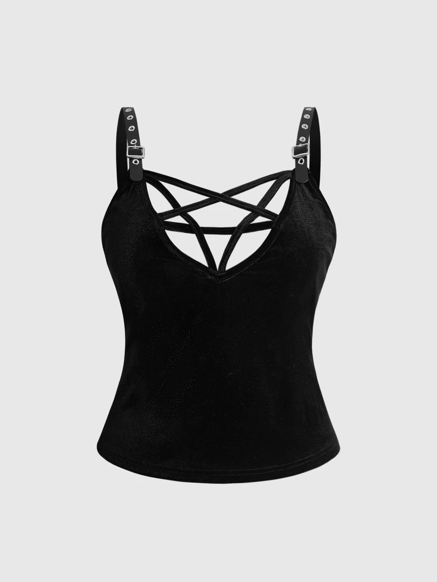 ROMWE Dark Gothic Plus Size Sexy Pentagram Lace-Up Design Metal Strap Fitted Solid Color Versatile Tank Top - Black - View 1