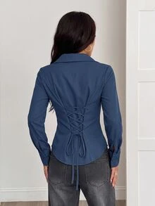 SHEIN PETITE 1件女款純色鈕扣前襟長袖休閒襯衫 - 藏蓝色 - 查看 9