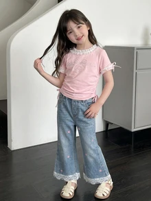 Dazy Kids Young Girls' Lace Patchwork Flared Washed Light Blue Denim Jeans Fall - Light Wash - View 6