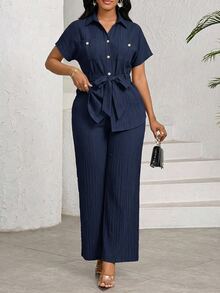 SHEIN Lady Women's Solid Color Waist Knot Top And Long Pants Casual Daily 2 Pieces Set - Navy Blue - View 6