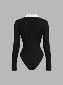 Selianne French Sweet & Spicy Minimalist Sexy Style Sexy Slimming 2 In 1 Striped Patchwork Long Sleeve Bodysuit - Black and White - View 2