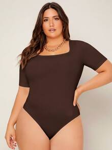 SHEIN BASICS 大尺碼純色圓領連身衣女款夏季穿搭 - 棕色 - 查看 7