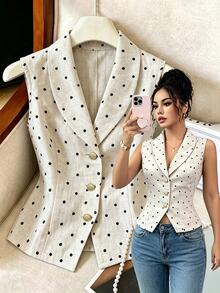 Omancia Women's Polka Dot Single-Breasted Shawl Collar Casual Vest Jacket - Multicolor - View 3