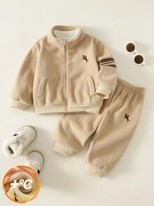 SHEIN 中性嬰兒男/女童、幼兒 2件組秋冬保暖內裡加厚可愛立領夾克套裝，嬰兒冬季服飾，運動套裝 - 卡其色 - 查看 1
