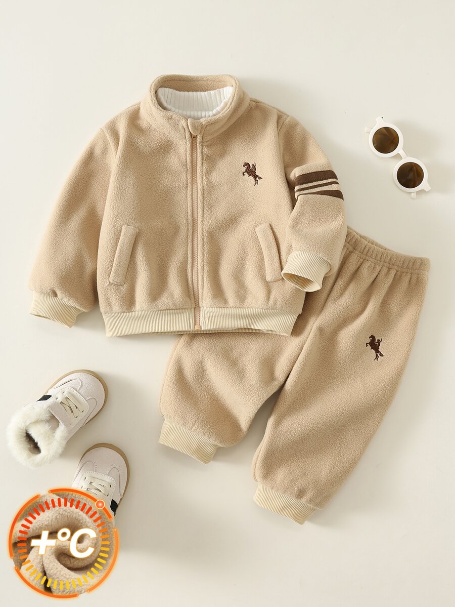 SHEIN 中性嬰兒男/女童、幼兒 2件組秋冬保暖內裡加厚可愛立領夾克套裝,嬰兒冬季服飾,運動套裝 - 卡其色 - 查看 1