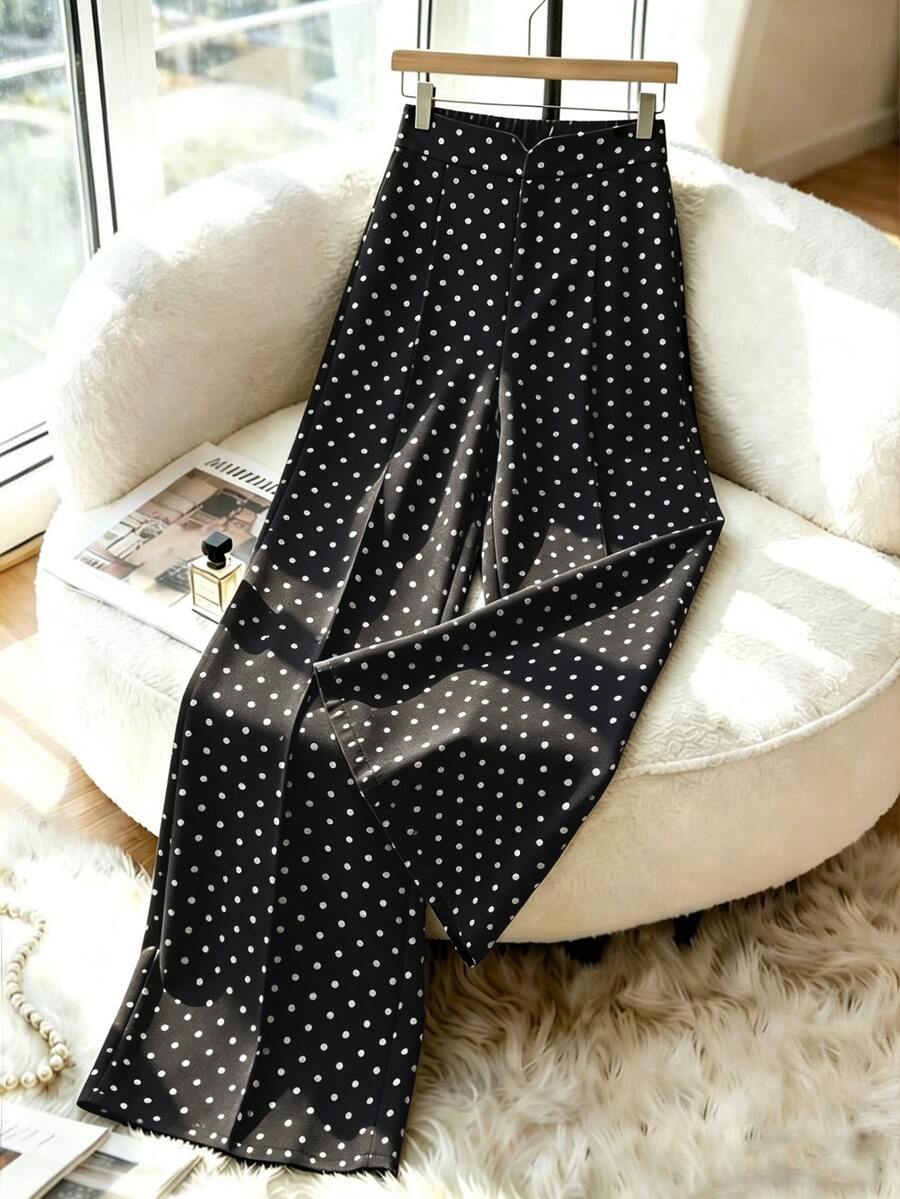 DrmWander Plus Size Elegant Commuter Polka Dot Print Wide Leg Pants - Multicolor - View 1