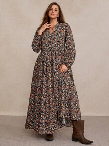 Freevana 女款大尺碼V領長袖長洋裝，碎花洋裝，收腰A字裙，優雅鄉村風穿搭，秋冬女裝 - 彩色 - 查看 4