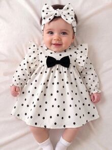 SHEIN Kids Kids Newborn Girl Polka Dot Kids Ruffle Bow Long Sleeve Dress - White - View 3