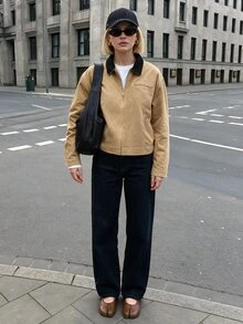 Struktiv Tan Washed Canvas Oversized Jacket Women Contrast Collar Zip Up Work Coat - Khaki - View 6