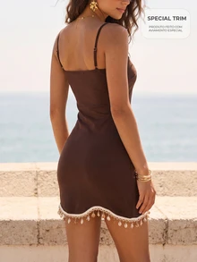 CAJUNI Gaun Cami Wanita untuk Liburan Pantai Motif Bintang Laut dan Cangkang dengan Rumbai di Bagian Bawah - Coklat - View 11