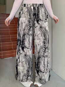 Dazy Plus Plus Size Women's Ink Painting Print Loose Casual Wide Leg Pants, New Early Autumn Style - Grey - View 3