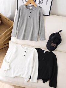 SHEIN 3件組兒童男童休閒舒適風紋理布料木紋細節鈕扣 Polo 衫圓領長袖 T-shirt 多件套裝 3 色各 1 件/組 適合居家休閒外出街拍玩耍 2 件套 - 彩色 - 查看 5