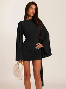 SHEIN BAE Autumn/Winter Solid Gray Round Neck Flare Long Sleeve Backless Tight Sexy Mini Dress, Basic Dress, Music Festival Dress, Birthday Dress, Brunch Dress, Y2K, Nightclub Party Gathering, Cocktail Party Dress, Nightclub Party Sexy Short Dress, Backless Sexy Dress - Black - View 4