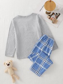Young Boy Gray Long Sleeve Bear Patch Top & Plaid Pants Set Loungewear - Multicolor - View 4
