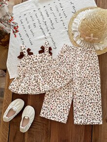 SHEIN 女童圓點編織細肩帶上衣與長褲兩件套 - 紅色 - 查看 4