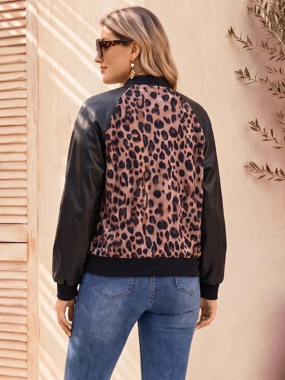 Plus Size Women Autumn/Winter Casual Vacation PU Leather Patchwork Leopard Print Jacket With Pockets, Going Out,Daily Wear,Holiday,Fall,Business