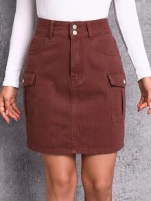 SHEIN Essnce 休閒水洗牛仔工裝裙 - 咖啡棕 - 查看 4