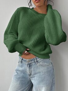 SHEIN BASICS كنزة صوفية محبوكة نسائية كاجوال بلون موحد وياقة دائرية وأكمام طويلة ملابس شتوية - أخضر - مشاهدة 4