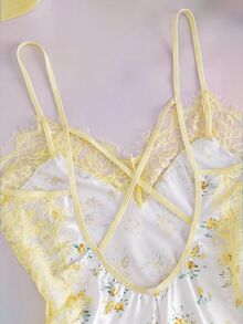 Elorette Série de Casamento de Outono Chique Francês Renda Floral Branca Verão Férias 1 Peça Romântico Minimalista Elegante Renda Cetim Camisola Feminina - Amarelo - Visão 4
