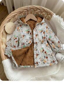 SHEIN 女嬰花卉可愛秋冬百搭保暖內裡連帽夾克 - 綠色 - 查看 3