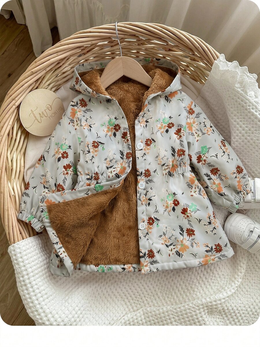 SHEIN Jaket Bayi Perempuan Motif Bunga Lucu untuk Musim Gugur/Dingin, Serbaguna, Berkerudung dengan Lapisan Termal - Hijau - View 1